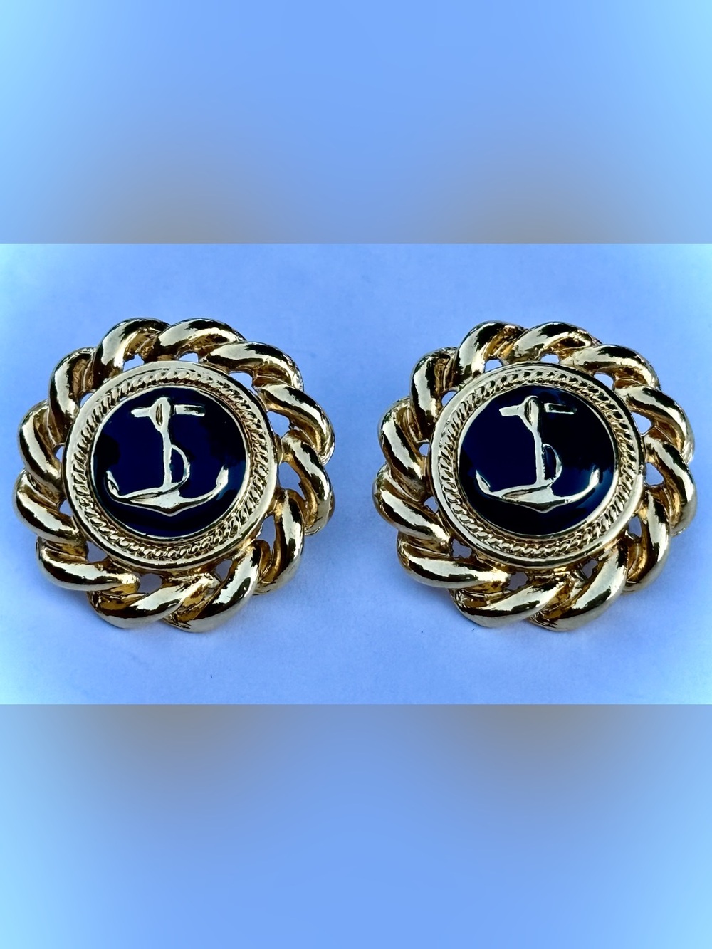 Vintage Gold Tone Navy Blue Enamel Nautical Anchor Rope Pierced Earrings
